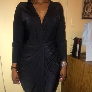 Slinky black gathered knot front dress